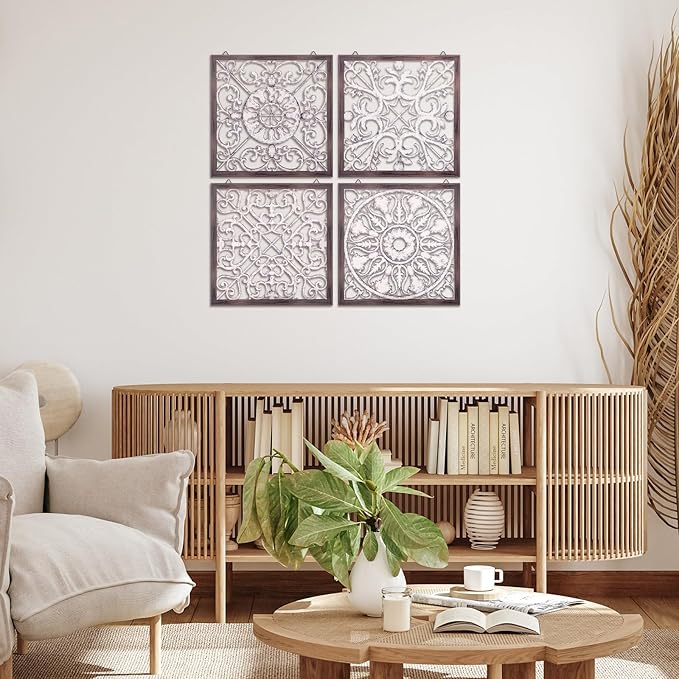Tatuo 4 Pcs Wood Art Wall Decor Farmhouse Decorative Wood Panels Modern Wall Decor for Living Room Home Kitchen Dining Room(Square,Brown, White)