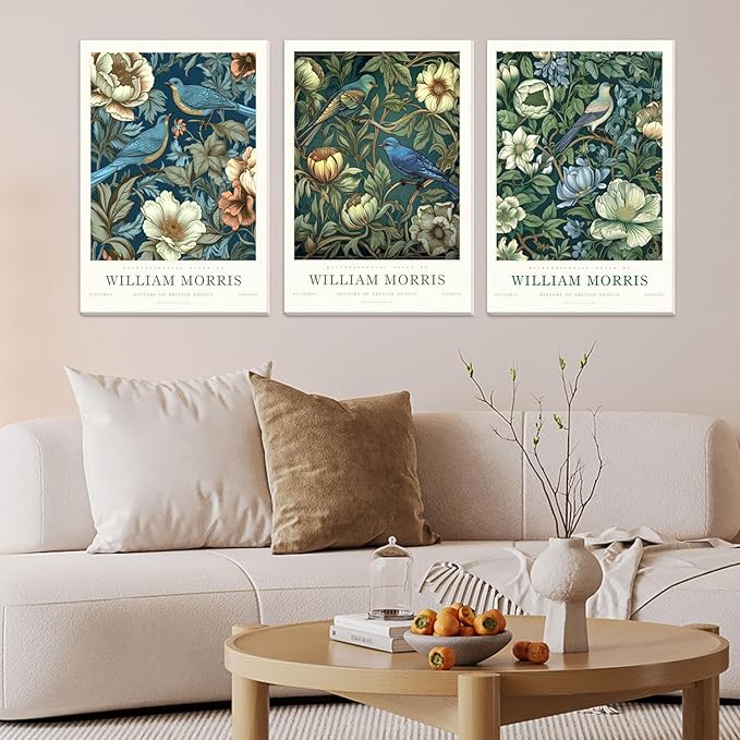 Djmwtb William Morris Canvas Wall Art Vintage Poster Prints Framed Set of 3 Botanical Bird Aesthetic Pictures Gallery Artwork Painting Wall Decor for Living Room Bedroom Office 12x16in