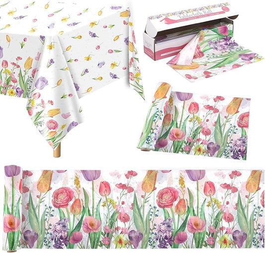 Kochorie Spring Flower Tulip Tablecloth Roll 54 Inch x 100 Feet Plastic Floral Disposable Table Cover Butterfly Wildflower Themed Backdrop for Spring Floral Tea Party Birthday Wedding Decor
