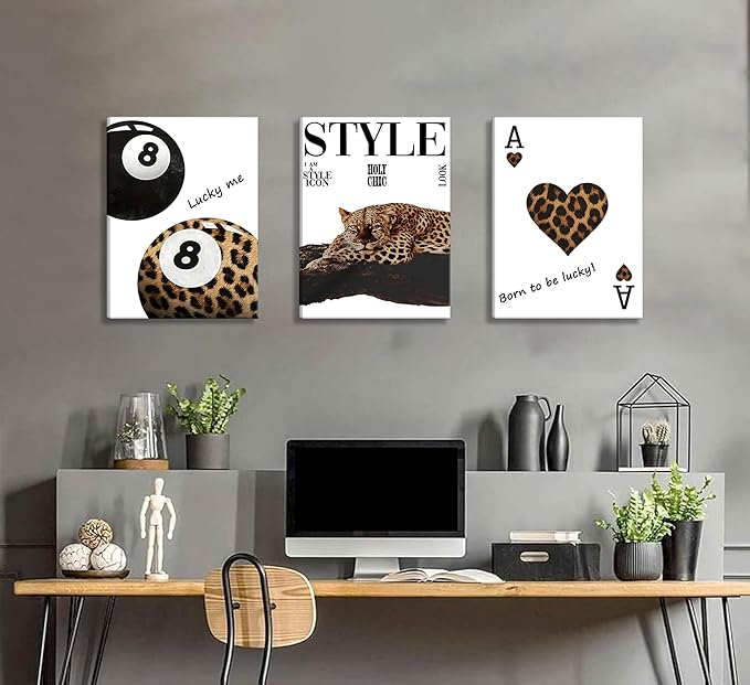 3pcs Framed Fashion Leopard Print Canvas Wall Art Cheetah Paintings Wall Decor Stylish Lucky 8 Ball Posters Prints College Style Room Aesthetic Pictures for Girls Bedroom Apartment Dorm Decoration