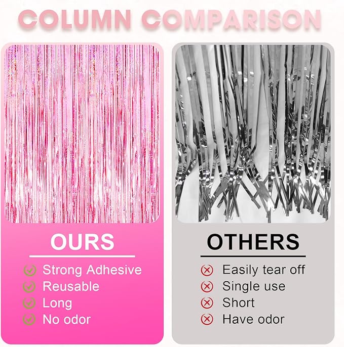 3 Pack 3.3x8.2 Feet Laser Pink Foil Fringe Backdrop Curtains, Tinsel Streamers Birthday Party Decorations, Fringe Backdrop for Graduation, Baby Shower, Gender Reveal, Disco Party