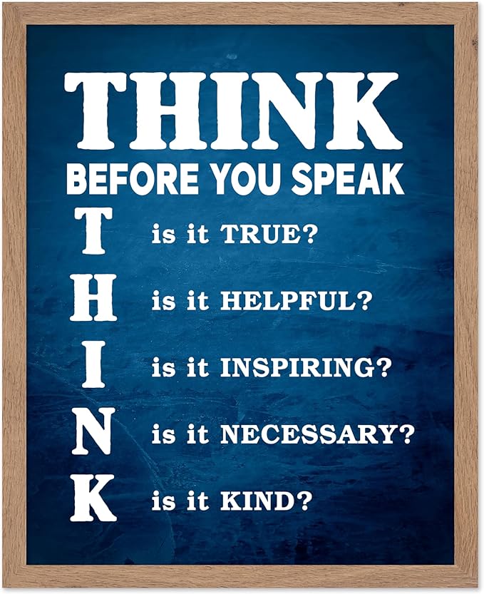 Poster Master Think Poster - Think Before You Speak Print - Educational Art - Teaching Art - Gift for Student, Teacher - Perfect Wall Decor for Classroom, Library, Dorm, 11x14 Beige Framed