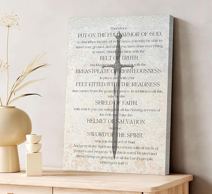 Framed Christian Spiritual Armor Canvas Wall Art Ephesians 6:11 Bible Verse Poster Print Black and White Religious Wall Decor for Church Office Bedroom 24x16in