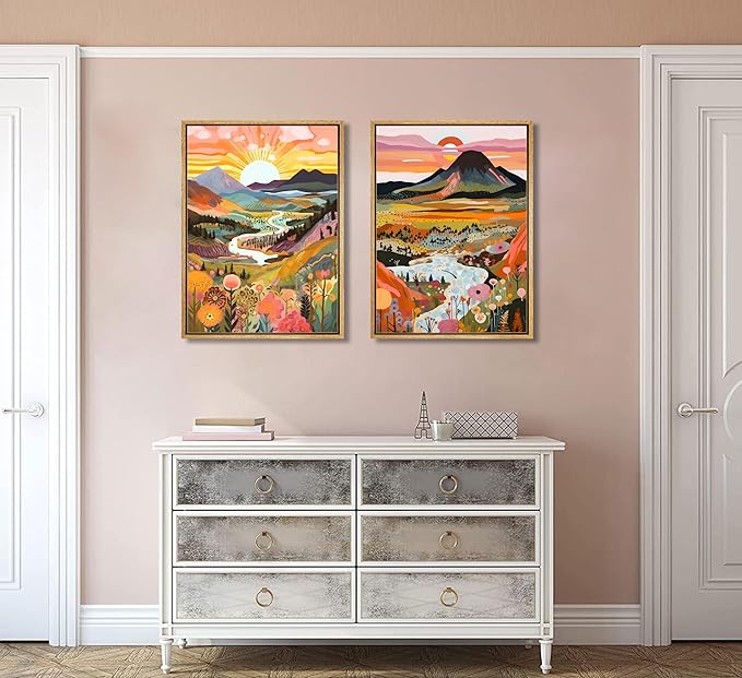 2Pcs Framed Boho Colorful Mountain Canvas Wall Art Abstract Sunrise and sunset Landscape Flower Wall Decor Watercolor Nature Forest Poster Print Artwork for Living Room Bedroom Office Home Decoration