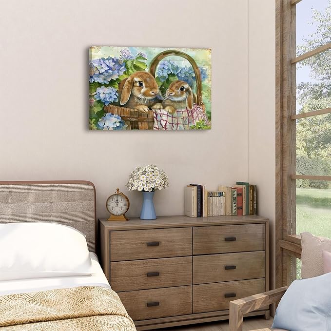 Farmhouse Bunny Wall Art Rabbit Pictures Easter Wall Decor for Bedroom Funny Bunny Canvas Painting Blue Flowers Poster Vintage Wood Grain Prints Artwork Kitchen Living Room Home Decoration 16x24"