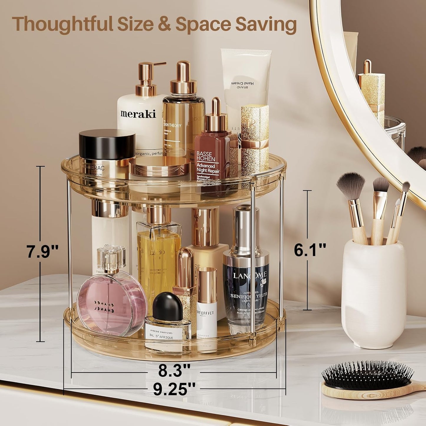 LAMU 2 Pack 2 Tier Lazy Susan Turntable Organizer 9.25'' Rotating Spice Rack Organization for Cabinet, Kitchen, Pantry, Countertop, Bathroom, Vanity, Medicine Cabinet Organizer, Amber