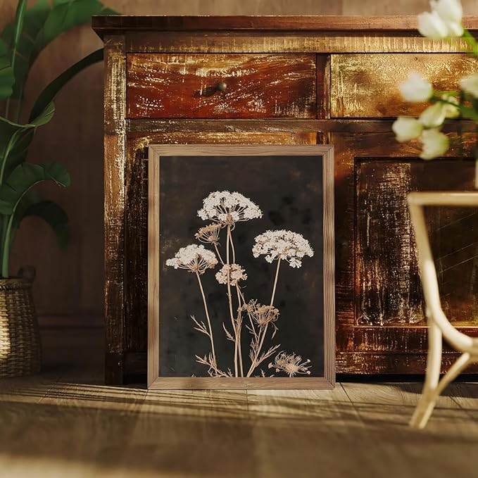 2Pcs Framed Moody Botanical Wall Art with Wood Frame Vintage Queen Anne’s Lace Flower Canvas Paintings Rustic Floral Poster Picture Prints Decor for Farmhouse Living Roomor Bedroom12X16Inch