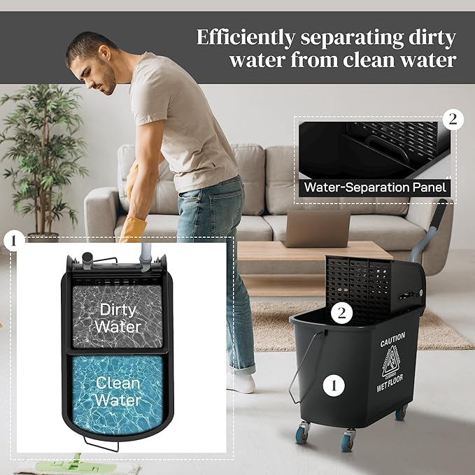HOMCOM Commercial Mop Bucket with Side Press Wringer on Wheels for Floor Cleaning, 21 Quart, Separate Dirty and Clean Water, for Home Apartment Small Business and Office, Black