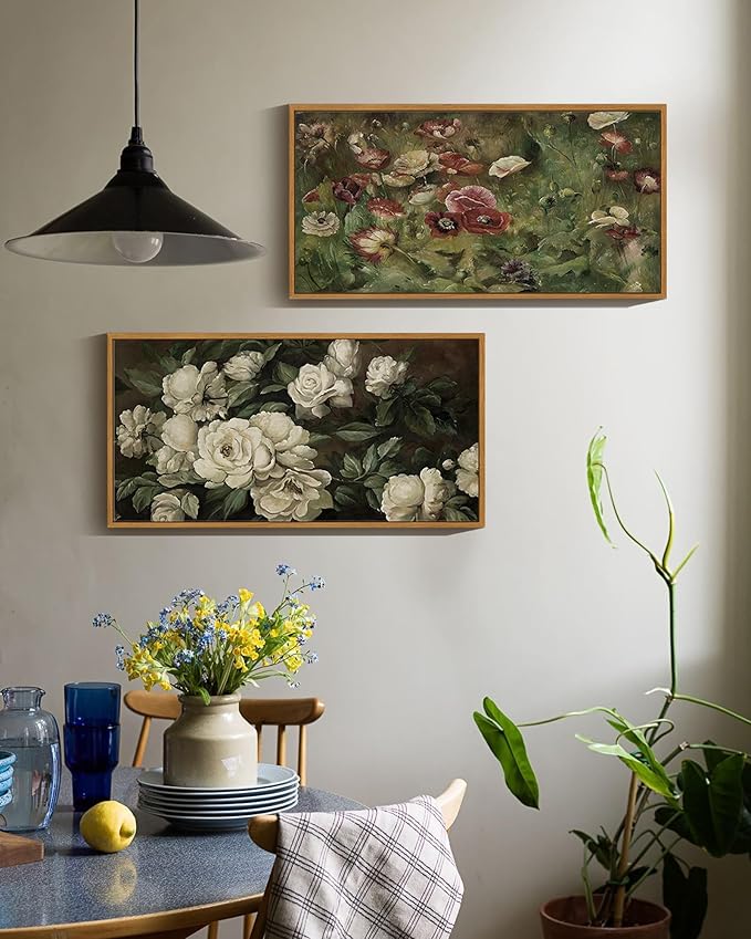 SHENIFY Vintage Framed Wall Art Poppies Flower Landscape Painting Retro Red Floral Scenery Farmhouse Kitchen Living Room Decor - 8x16in Natural Framed