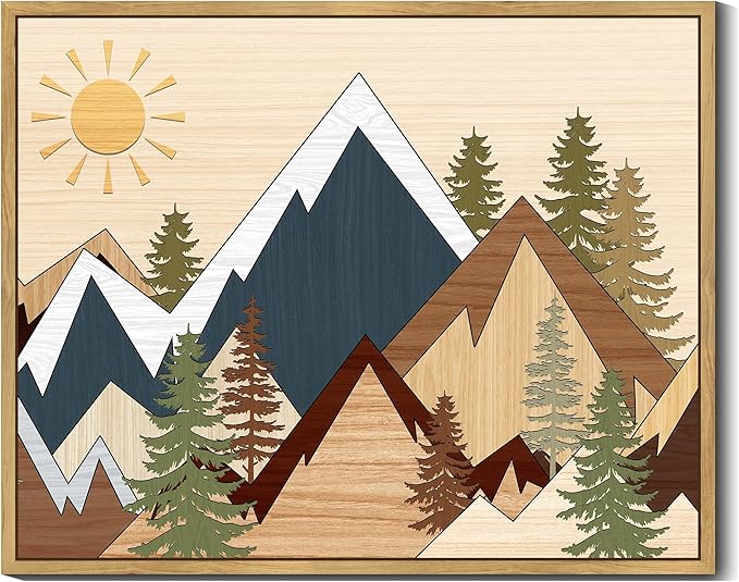 SHENIFY Mountain Framed Wall Art Country Woodcut Style Decor Forest Nature Wilderness Painting Rustic Farmhouse Landscape Artwork - 8x10in Natural Framed