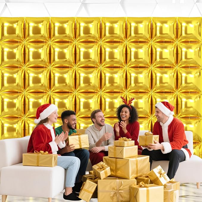 NISOCY 48PCS Gold Square Foil Balloons Wall Backdrop Metallic Double Sided Gold Christmas Balloons Tunnel Arch Kit for New Year Birthday Anniversary Graduation Party Decorations