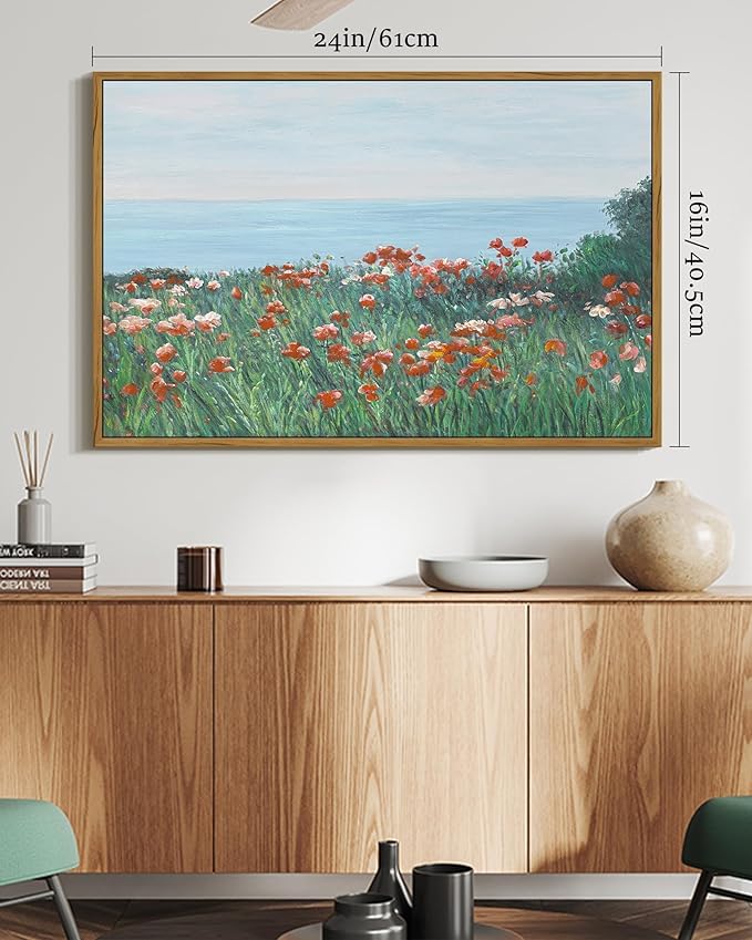 SHENIFY Vintage Framed Wall Art Coastal Wildflower Field Poppy Flower Landscape Scenery Home Decor Retro Decorations for Farmhouse Bedroom Ready to Hang Wall Artwork - 16x24in Natural Framed