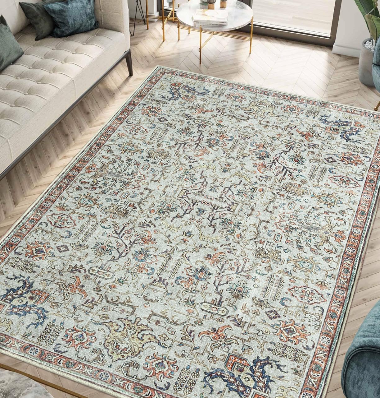 Keen Home Design 5x7 Rug - Machine Washable Area Rug with Non-Slip Backing, Ideal for Living Room, Dining Room, Bedroom - Vintage, Easy Clean, Durable, Low Pile Rug - (5' x 7')