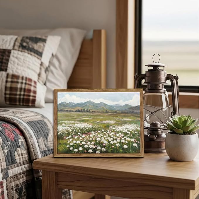 Framed Farmhouse Landscape Wall Art, Modern Country Flower Wall Decor, Vintage Wildflowers Mountain Canvas, Farm House Nature Pictures Print Artwork for Bedroom Living Room – 8x10 inch