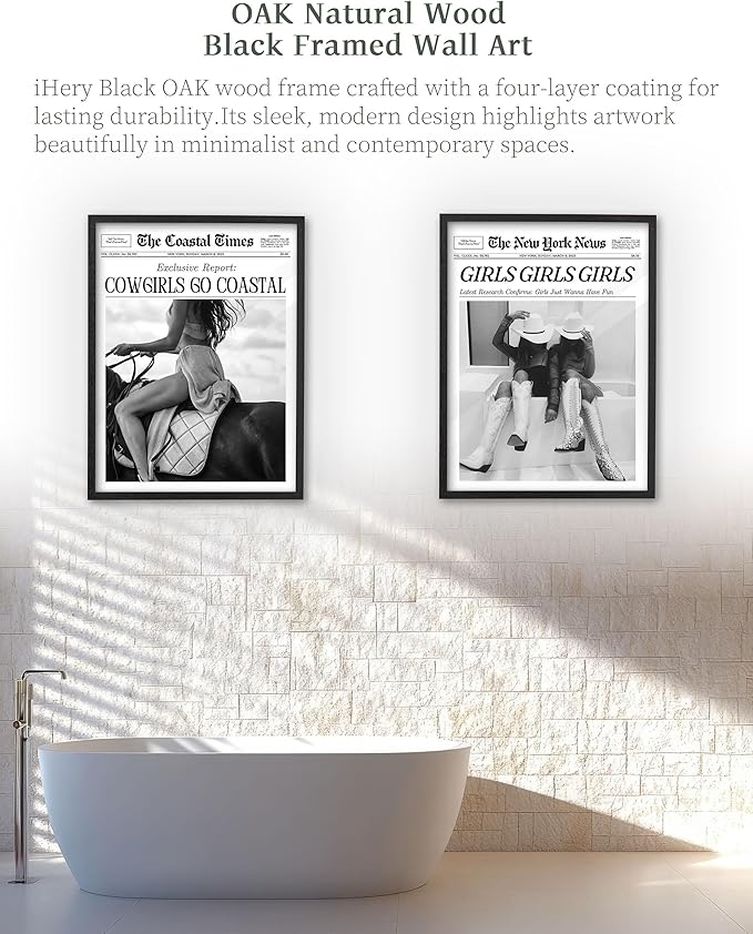iHery Premium Natural Black OAK Wood 12x16in Cowgirls Go Coastal Trendy Framed Wall Art, Vintage Western Horseback Riding Times Canvas Wall Decor For Dorm Bedroom Living Room 1Pack