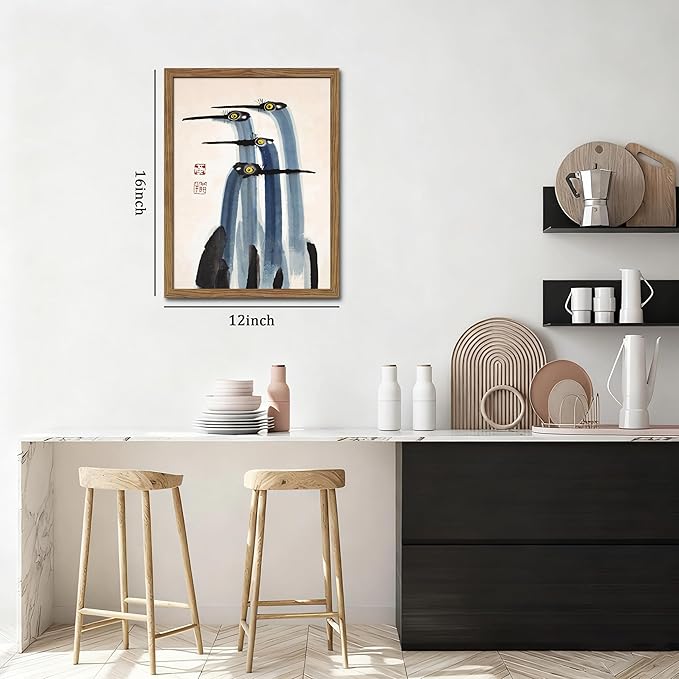 Framed Vintage Canvas Wall Art, Elegant Ink Cranes Painting, Antique Watercolor Prints, Classic Chinese Style Bird Artwork, Farmhouse Wall Decor for Living Room Study Office – 12x16 inch