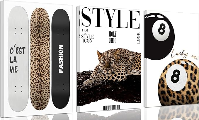 3Pcs Trendy Leopard Canvas Wall Art Preppy Aesthetic Stylish Leopard Painting Picture Wall Decor Funky Lucky 8 Ball Cheetah Poster Print Artwork for Bedroom Living Room Bathroom Home Decoration