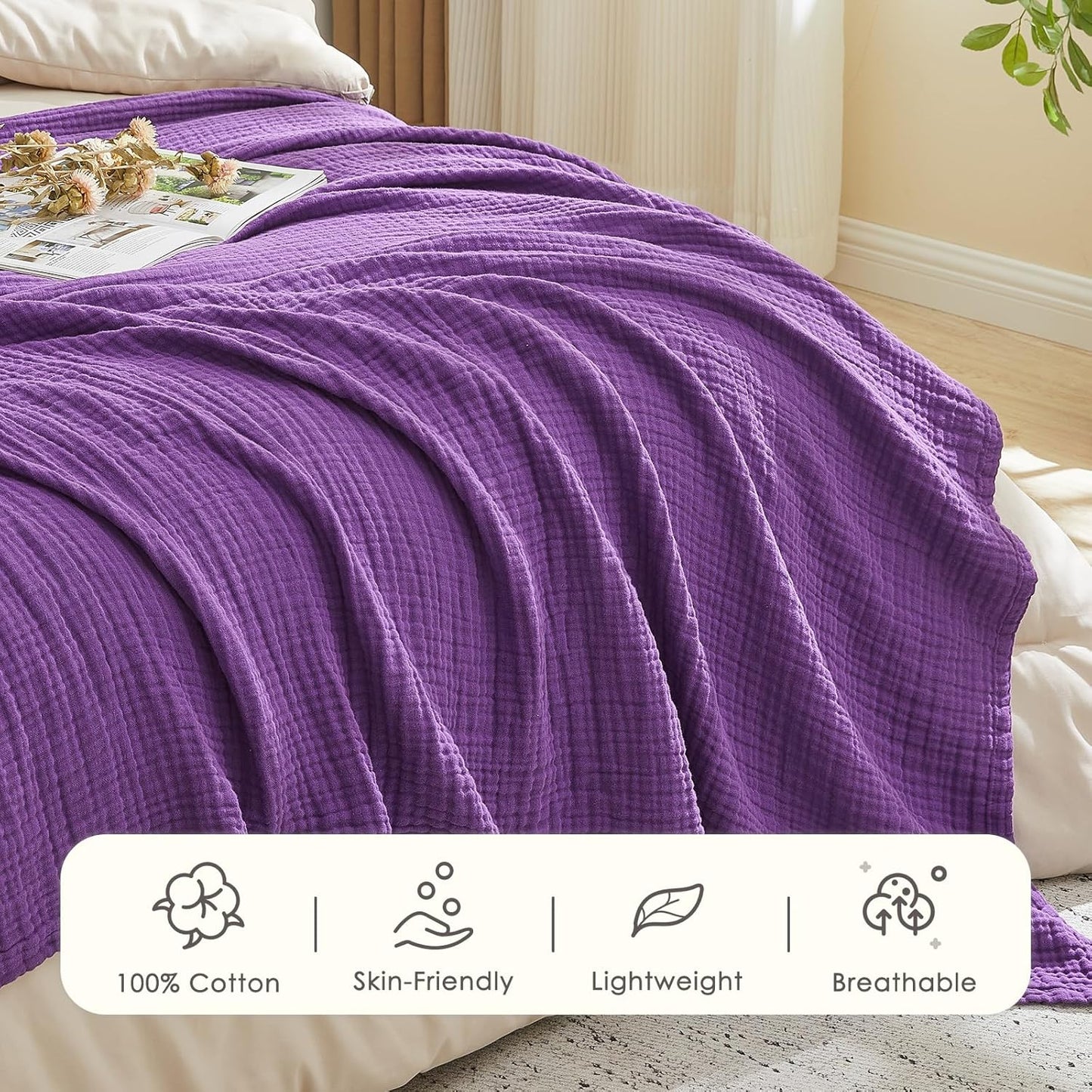 EMME Cotton Muslin Twin Blanket Breathable Gauze Blanket Soft Lightweight Blankets Adults Gifts for Women (Purple, 60"x80")