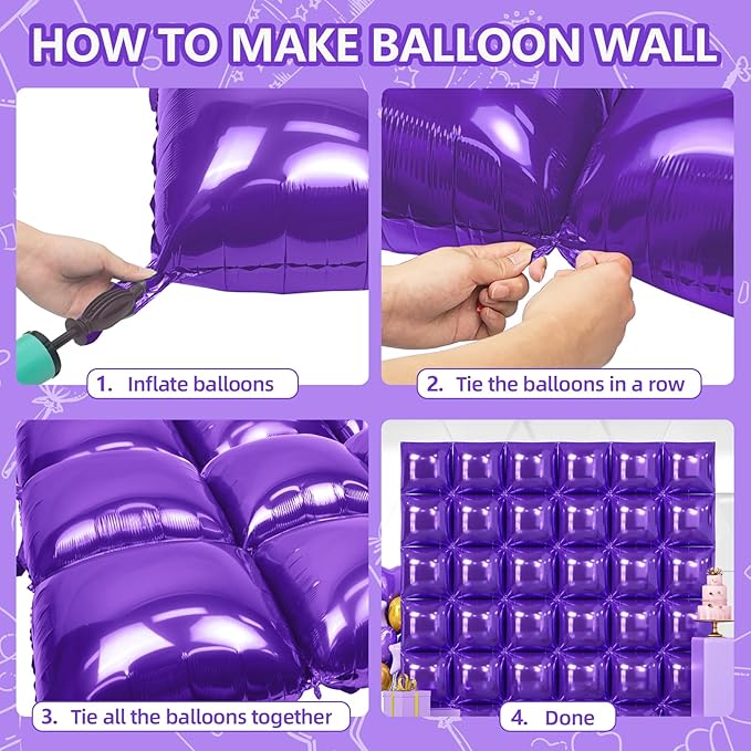 NISOCY 36PCS Purple Square Foil Balloons Wall Backdrop Double Sided Purple Balloons Tunnel Arch Kit for Baby Shower Birthday Wedding Party Decoration