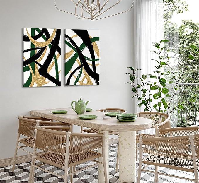 GKQNMU 2pcs Abstract Stripe Canvas Wall Art Modern Minimalist Geometry Wall Decoration Pictures Green Gold And Black Prints Posters Paintings for Living Room Bedroom Office Decoration Ready To Hang
