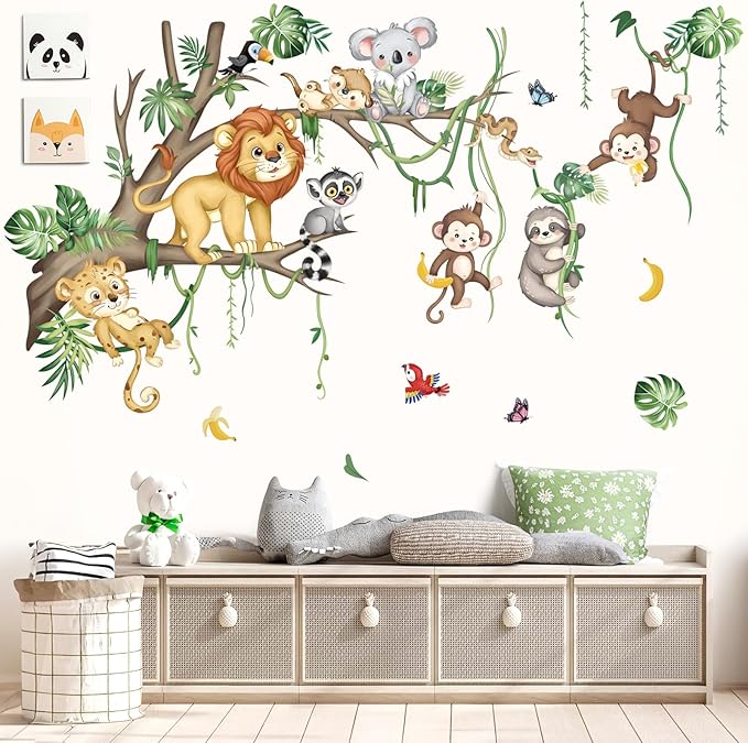 decalmile Large Jungle Animals Tree Branch Wall Decals Safari Lion Leopard Koala Monkey Wall Stickers Living Room Baby Nursery Kids Room Wall Decor(XL)