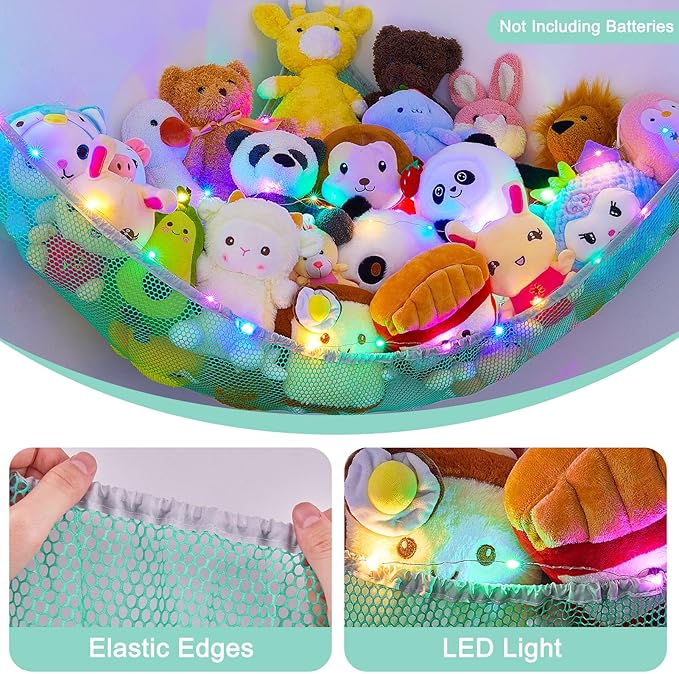 Unicorn Castle Stuffed Animals Net or Hammock Kids Toy Storage Organizer with LED Light Hanging Corner Stuffed Animals Holder Kids Girls Room Decor,Green,Large (Pack of 1)