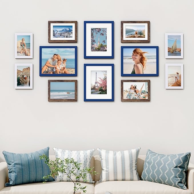 Vittanly 12 Pack Picture Frames Collage Wall Decor for Mounting or Tabletop Display, Gallery Wall Frame Set for Family, Multi Sizes Including 4pcs 8x10, 4pcs 5x7, 4pcs 4x6, Blue & Brown & White
