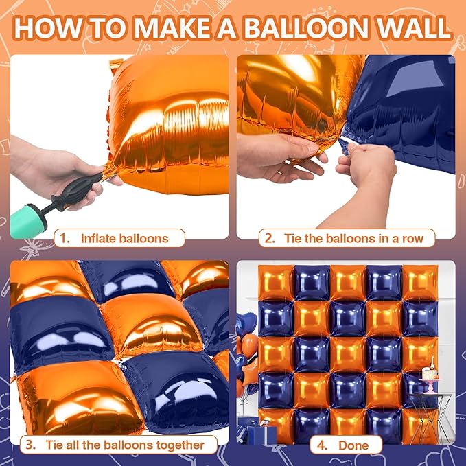 NISOCY 25PCS Navy Blue and Orange Square Foil Balloons Wall Backdrop Double Sided Orange Navy Blue Balloons Arch Kit for Birthday Graduation Anniversary Baby Shower Kids Party Decorations