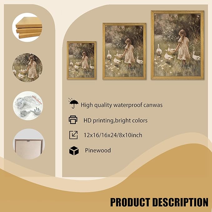 Wood Framed Canvas Wall Art, Vintage Girl with Ducks Painting Poster, Countryside Pastoral Landscape Print Picture, Rustic Farmhouse Wall Decor for Living Room Bedroom Nursery 12x16 inch