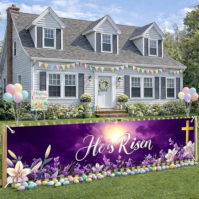 He Is Risen Easter Banner Christian Resurrection Spring Decor 78 x 17 Inch Religious Purple Cross Flower Scene Banner for Church Yard Fence Door Wall Indoor Outdoor Easter Display