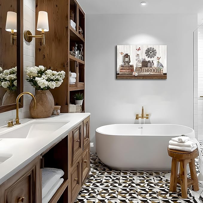 Rustic Bathroom Wall Art Country Bathroom Pictures Wall Decor Farmhouse Cotton Flower Butterfly Painting Brown Theme Country Bath Prints Rustic Farmhouse Inspirational Prints Artwork Home Decor 16x24"