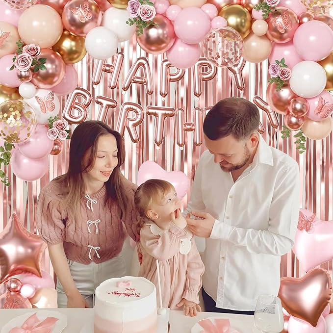 Rose Gold Birthday Decorations, Gold Pink Peach White Balloons Confetti Foil Balloons Happy Birthday Banner Butterfly Fringe Curtains birthday Decorations for Women Teens Girls