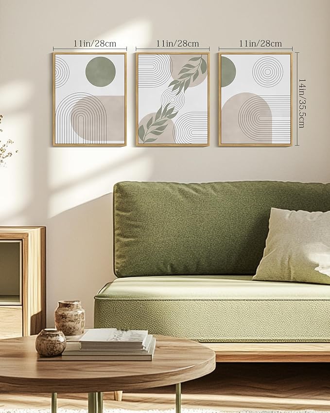 Drsoum Green Bohemian Wall Art Framed Boho Plant Sage Wall Decor Abstract Geometry Artwork Bedroom Home Office Living Room Prints Ready to Hang 11x14in Natural Framed