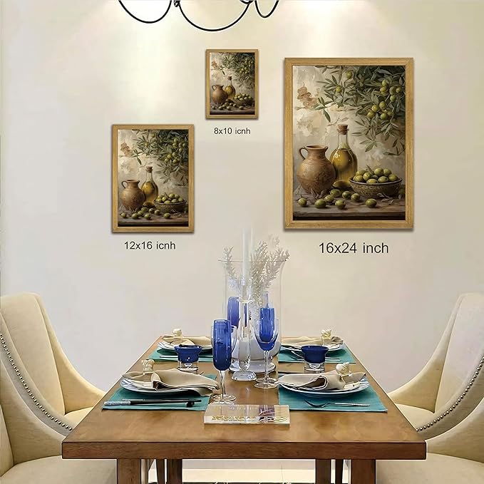 Wood Framed Olive Kitchen Wall Art, Vintage Rustic Still Life Canvas Print, Green Olives Poster Print Picture, Fruit Wall Decor Painting for Dining Room Cafe Restaurant Farmhouse Home Decor 8x10 inch