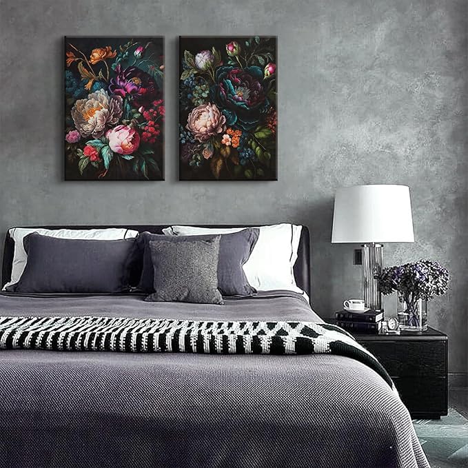 BRPXJRA 2 Pcs Moody Floral Wall Art Dark Flower Wall Decor Painting Vintage Baroque Peony Canvas Prints Botanical Still Life Pictures for Living Room Bedroom Bathroom 16x24 In Ready to Hang