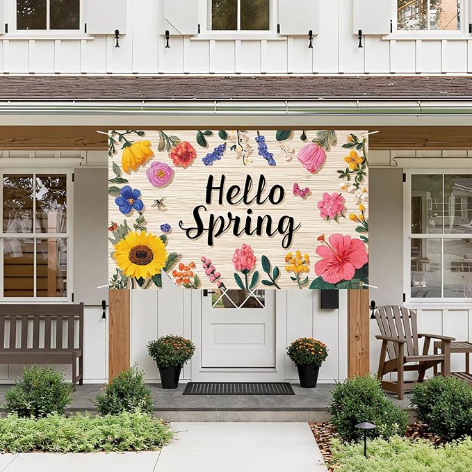 Hello Spring Backdrop 71''x 43'' Hello Spring Banner Flower Butterfly Backdrop Decorations for Photography Background Photo Prop Booth Party Decor
