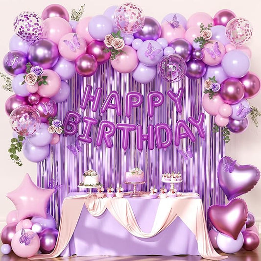 Purple Pink Birthday Decorations, Metallic Magenta Purple Lavender Balloons Confetti Foil Balloons Happy birthday Banner Butterfly Fringe Curtains Birthday Decorations for Women Teens Girls