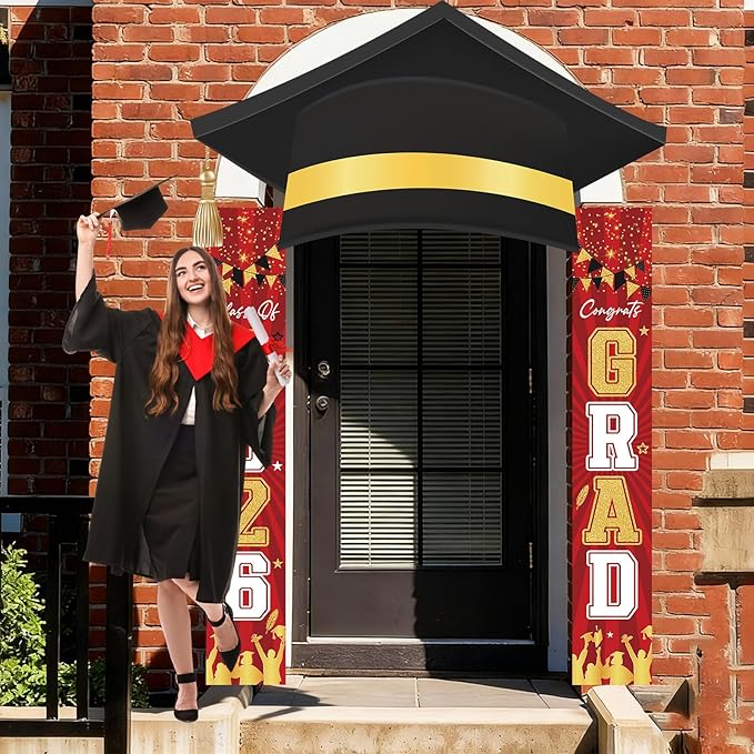 3Pcs Graduation Cap Door Banner 2026 Graduation Door Decoration Class of 2026 Porch Sign Congrat Grad Hanging Banner Decor Grad Party Indoor Outdoor Wall Decor Photo Prop Supplies Red Black