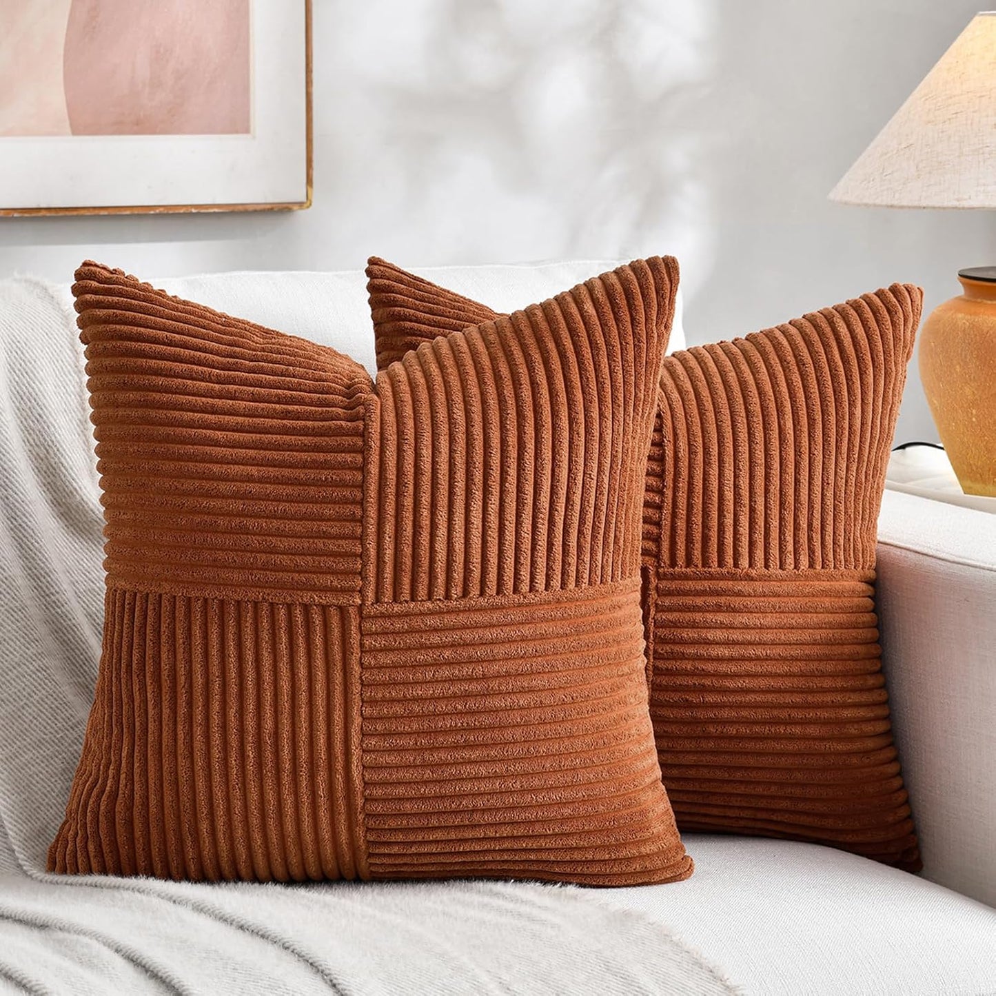 Fancy Homi 2 Packs Rust Decorative Throw Pillow Covers 20x20 Inch for Living Room Couch, Rustic Farmhouse Boho Home Decor, Soft Corss Corduroy Patchwork Accent Terracotta Square Cushion Case 50x50 cm