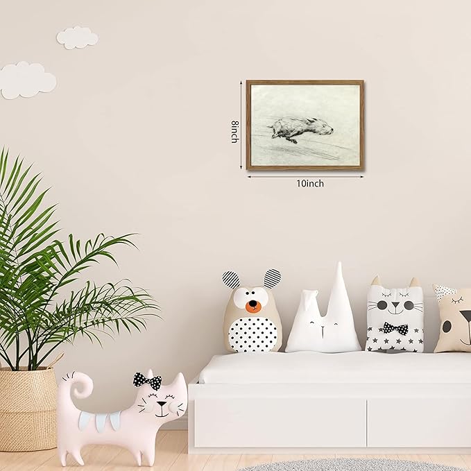 Framed Dog with Zoomies Canvas Wall Art, Vintage Dog Flight Poster Print, Sketch Running Little Pictures Decor, Black and White Silly Wall Decor for Living Room Bedroom – 8x10 inch