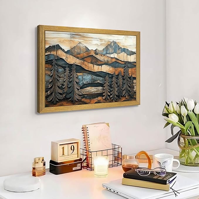 Vintage Boho Mountain Wall Art, Framed Landscape Canvas Wall Art, Nature Forest Wall Decor, Rustic Farmhouse Print Poster Painting for Living Room Bedroom Dining Room 16x24 Inch