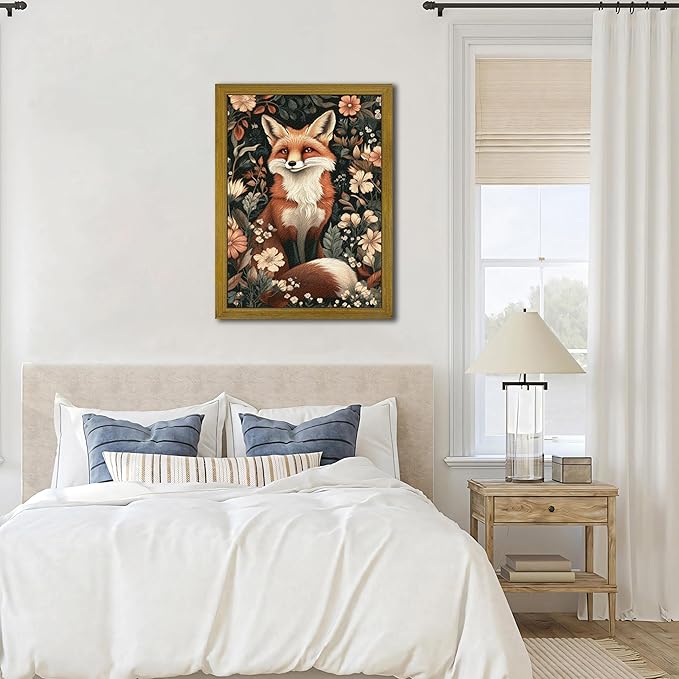 Framed 3D Textured Vintage Wall Art, Hand Drawn Sandstone Fox Wall Decor Paintings, Whimsical Forest Animal Floral Botanical Aesthetic Picture, Cottage Core Home Nursery Decor 16X24 inch