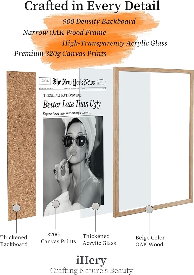 iHery Better Late Than Ugly Natural OAK Wood Audrey Hepburn Newspaper Trendy Framed Wall Art, Large 16x20 in Vintage Headline Canvas Bedroom Wall Decor, Set of 1 Bathroom Girly Dorm Living Room