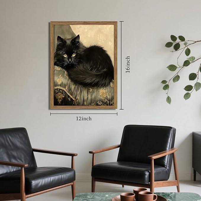 Black Cat Wall Art Framed, Vintage Cat Painting Print, Classical Animal Canvas Wall Decor, Rustic Cottagecore Aesthetic Pictures for Living Room Bedroom Home – 12x16 inch