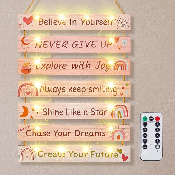 FIOBEE Girls Room Décor for Teen Girls Boys with LED Light Wall Decor for Bedroom Motivational Inspirational Wall Art Room Decoration for Kids Studyroom, 8 Kinds of Lights, Pink Boho