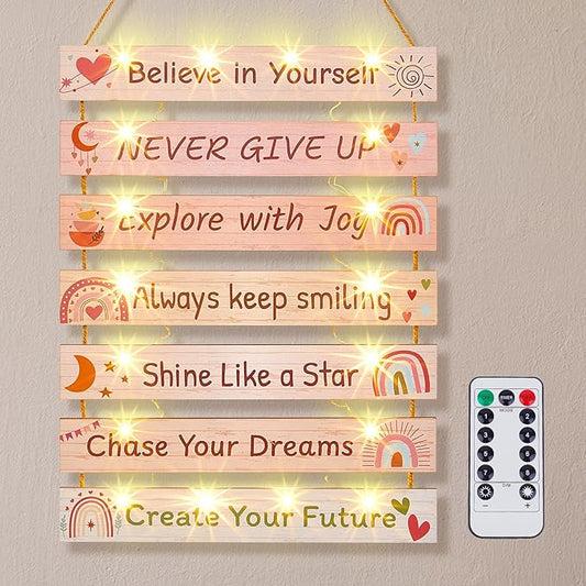 FIOBEE Girls Room Décor for Teen Girls Boys with LED Light Wall Decor for Bedroom Motivational Inspirational Wall Art Room Decoration for Kids Studyroom, 8 Kinds of Lights, Pink Boho