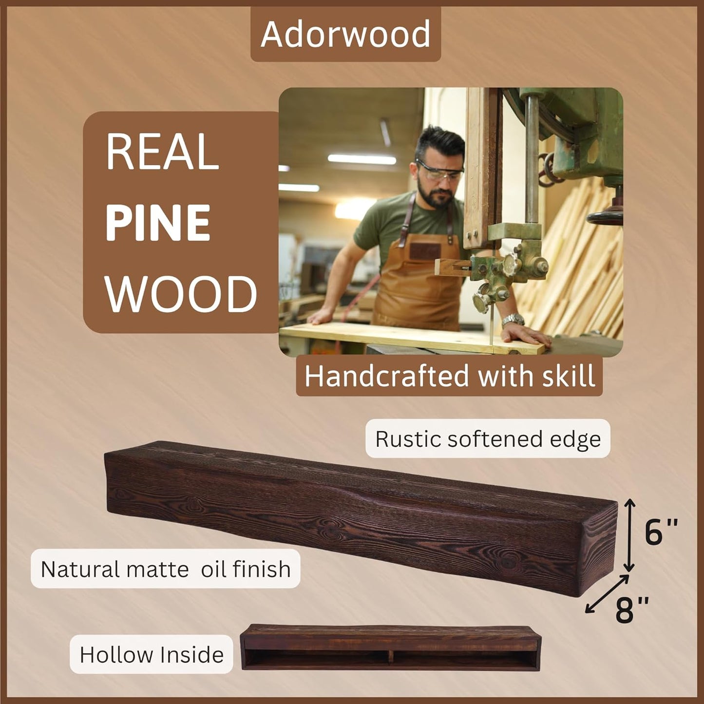 Handmade Fireplace Mantel Shelf 48", Extra Wide Rustic Wood Mantles for Over Fireplace, Wall Mounted Floating Mantel Shelves for Living Room Decor (Dark Walnut, 48Lx6Hx8D)