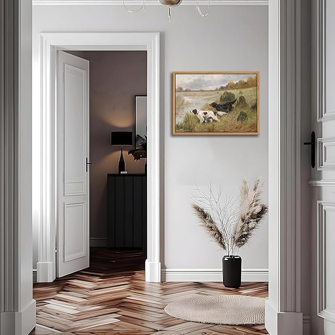 Floating Framed Vintage Hunting Dog Wall Art, Classic Countryside Landscape Canvas Print, English Setter and Gordon Setter Painting, Rustic Farmhouse Wall Decor for Living Room Study Office 12x16 inch