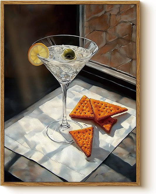 Martini Cocktail Framed Wall Art 12x16 Realistic Canvas Print, Drink Glass with Olive Lemon Crackers Still Life Painting, Modern Kitchen Café Lounge Dining Room Aesthetic Artwork Food Decor
