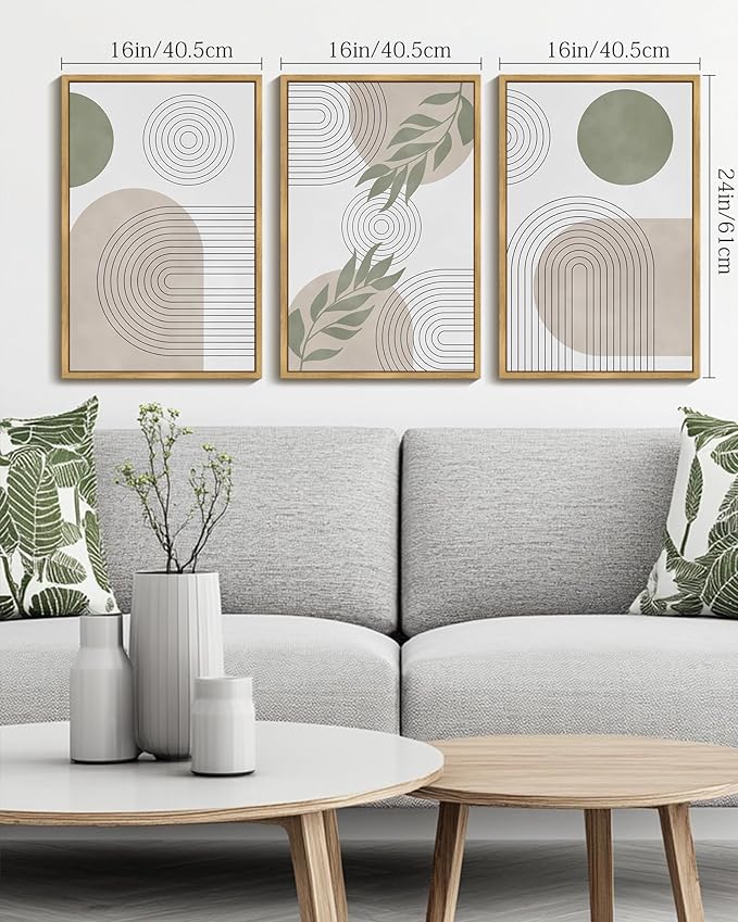Drsoum Green Botanical Boho Wall Art Framed Modern Bohemian Sage Wall Decor Abstract Geometry Lines Prints Ready to Hang 16x24in Natural Framed